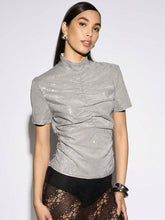 High Neck Ruched Detail Sequin T-Shirt